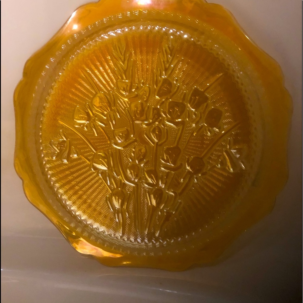 Vtg Jeannette Marigold CARNIVAL Glass PLATE PEACH OPALESCENT !  9.5”D